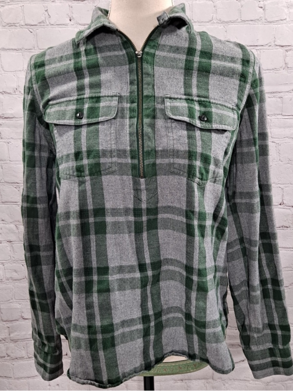 Madewell Green Plaid Quarter Zip Flannel Top